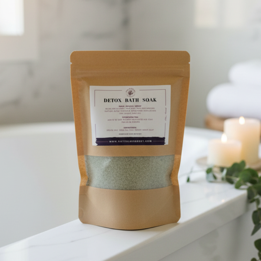A stand-up kraft paper pouch of Detox Bath Soak with a white label and a clear window showing the greenish powder inside, photographed on a spa like bath tub.
